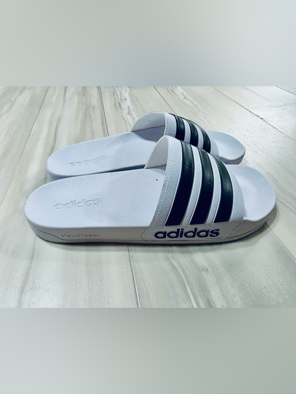 adidas White Slides with Black Triple Stripes